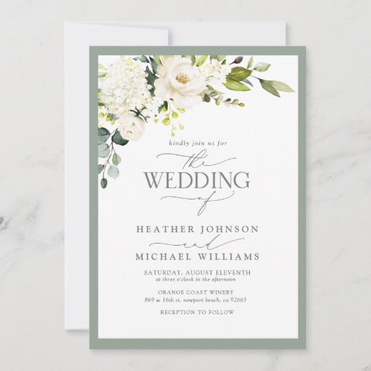 QR-Code Hochzeit von weißer grauer grüner Wasserfa Einladung (Vorderseite)