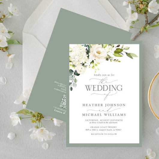 QR-Code Hochzeit von weißer grauer grüner Wasserfa Einladung