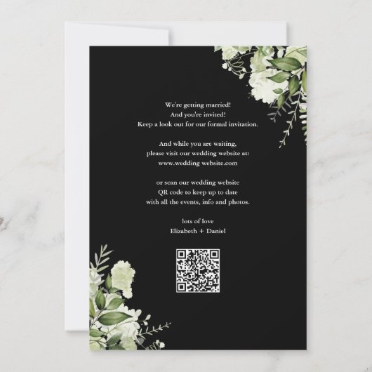 QR-Code Hochzeitscodierung für Schwarz-Weiß-Blumen Save The Date (Rückseite)