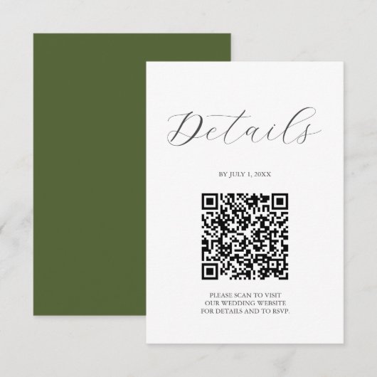 QR-Code Hochzeitsdetails Moosgrün RSVP Karte (Vorne/Hinten)