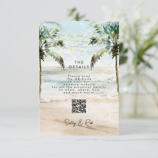 QR Code Hochzeitskarte für Strandpalmen Begleitkarte (Stehend Vorderseite)
