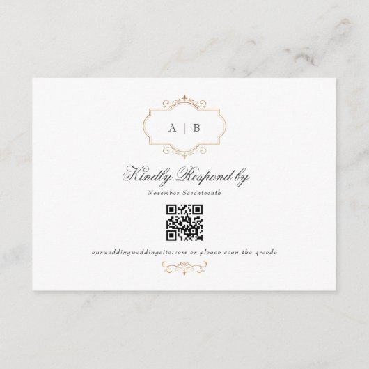 QR CODE Hochzeitswebsite zum klassischen Gold Mono RSVP Karte (Vorderseite)