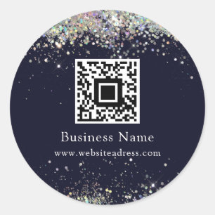 QR Code Holographic Glitter Business Blue Runder Aufkleber