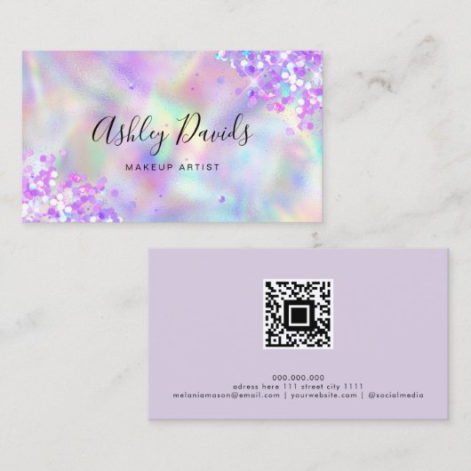 QR Code Holographic Glitzer Luxury Makeup Artist Visitenkarte (Vorne/Hinten)