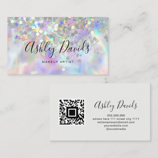 QR Code Holographic Glitzer Makeup Artist Luxury Visitenkarte (Vorne/Hinten)