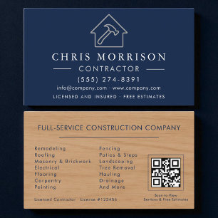 QR-Code Holz Bauwesen Navy Blau Visitenkarte