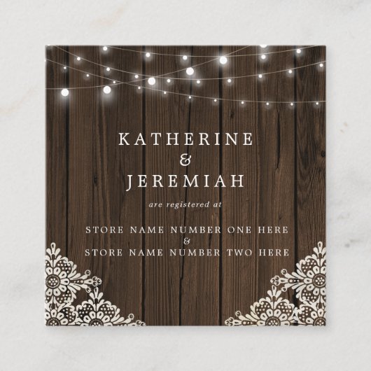 QR Code Holz Lights Lace Wedding Registry Begleitkarte (Vorderseite)
