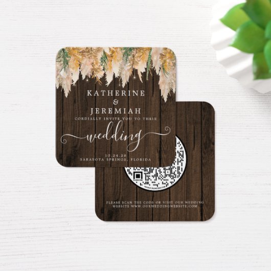 QR-Code-Holz-Pampasgras-Hochzeitseinladung (Schreibtisch)