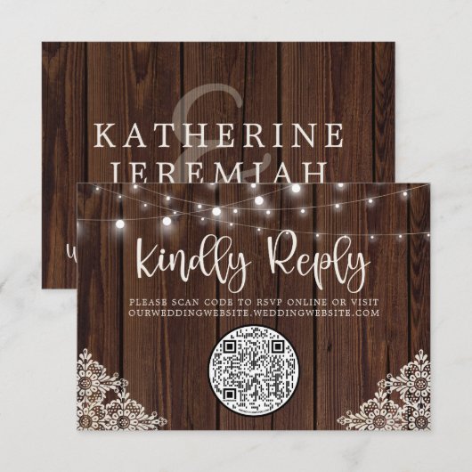 QR Code Holz String Lights Hochzeitung RSVP Karte (Vorne/Hinten)