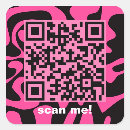 QR Code Hot Pink Black Groovy Squiggles Art Quadratischer Aufkleber (Vorderseite)