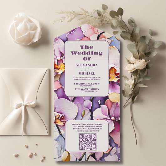 QR Code Hot Pink Fuchsia Wasserfarben Orchideen We All In One Einladung