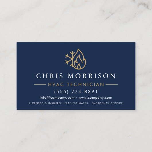 QR Code HVAC Technician Navy Blue Gold Visitenkarte (Vorderseite)