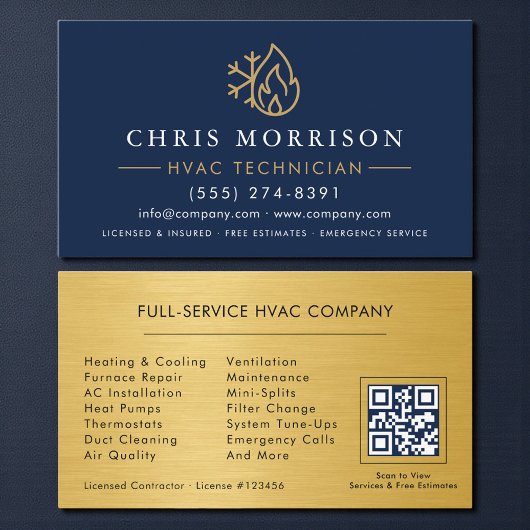 QR Code HVAC Technician Navy Blue Gold Visitenkarte