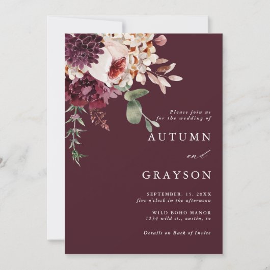 QR-Code in einem Herbst - Romance Burgundy Wedding Einladung (Vorderseite)