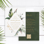 QR-Code in einem tropischen Gold-Hochzeitstil Einladung<br><div class="desc">Die Einladung zur Hochzeit bietet tropisches tropisches Blattwerk in Aquarell,  Palmenblättern und Bananenblättern mit Details und einem Link zur QR-Code-Website auf der Rückseite. Es ist ideal für einen Strand,  Sommer,  Hawaii oder Hochzeit in Urlaubsort. >>>> Karo aus der gesamten Auflistung >>> https://www.zazzle.com/collections/tropical_foliage_gold_collection-119316977990783186</div>