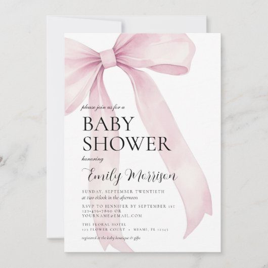 QR-Code in einem weißen, rosafarbenen Mädchen-Baby Einladung (Vorderseite)