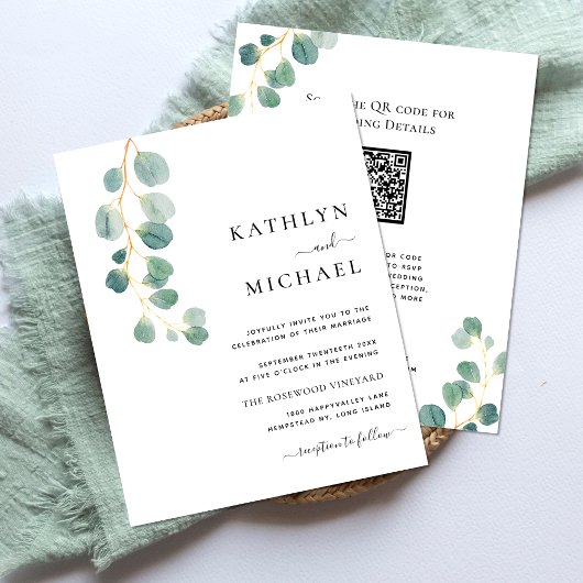 QR-Code in einer Eukalyptus-Grün-Hochzeit Flyer