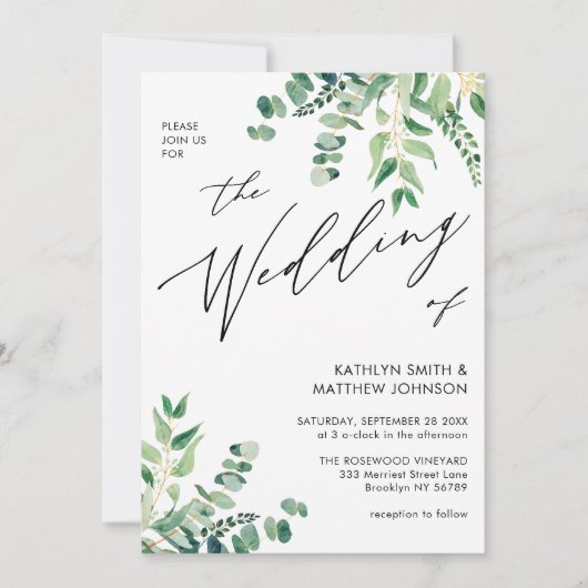 QR-Code in einer Eukalyptus-Grüne-Hochzeit Einladung (Vorderseite)