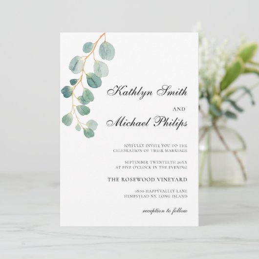 QR-Code in einer modernen Eukalyptus-Grünen Hochze Einladung (Stehend Vorderseite)