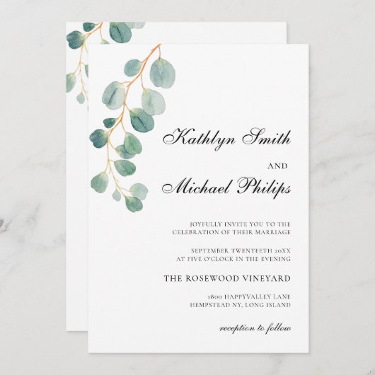 QR-Code in einer modernen Eukalyptus-Grünen Hochze Einladung (Vorne/Hinten)