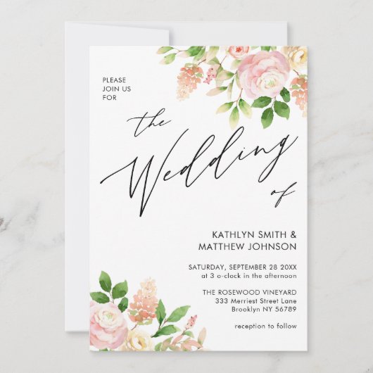 QR-Code in einer rosa Rosengrün-Hochzeit Einladung (Vorderseite)