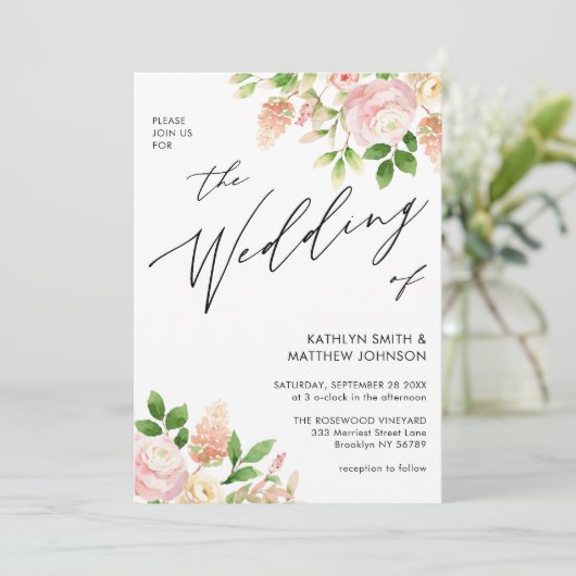 QR-Code in einer rosa Rosengrün-Hochzeit Einladung (Stehend Vorderseite)