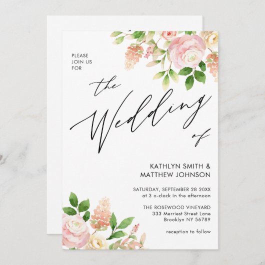 QR-Code in einer rosa Rosengrün-Hochzeit Einladung (Vorne/Hinten)