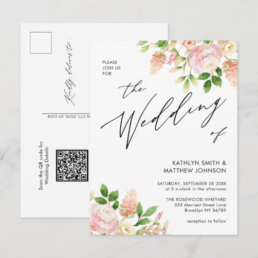 QR-Code in einer rosa Rosengrün-Hochzeit Einladungspostkarte (Vorne/Hinten)