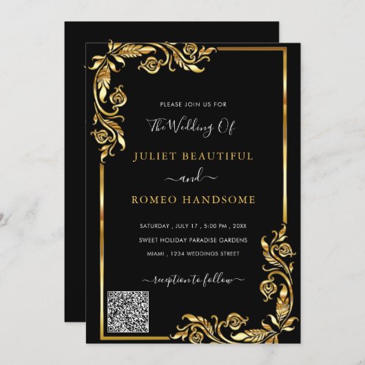 QR Code Info Black Gold Moderne Hochzeitseinladung (Vorne/Hinten)