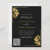 QR Code Info Floral Black Gold Hochzeit Einladung (Vorderseite)
