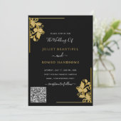 QR Code Info Floral Black Gold Hochzeit Einladung (Stehend Vorderseite)