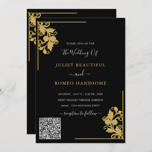 QR Code Info Floral Black Gold Hochzeit Einladung (Vorne/Hinten)