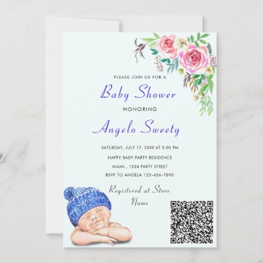 QR Code Info Happy Sleeping Baby Shower Einladung (Vorderseite)