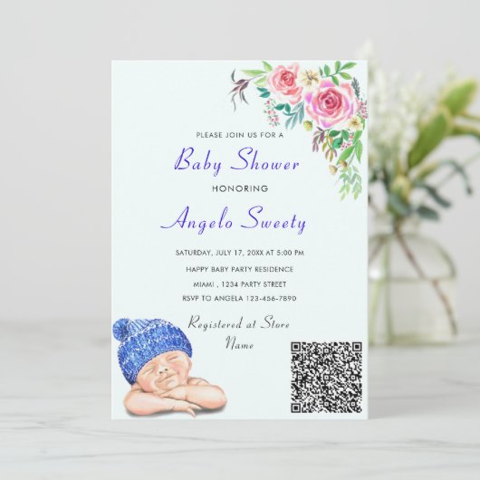 QR Code Info Happy Sleeping Baby Shower Einladung (Stehend Vorderseite)