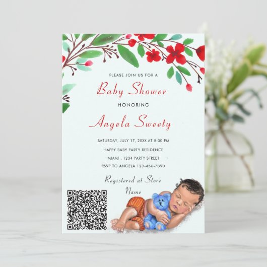QR Code Info Schlafen Sweet Baby Shower Einladung (Stehend Vorderseite)