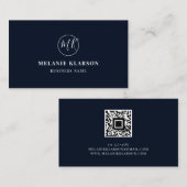 QR Code Initial Minimal Monogram Blue Modern Chic Visitenkarte (Vorne/Hinten)