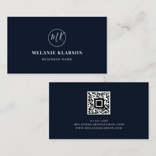 QR Code Initial Minimal Monogram Blue Modern Chic Visitenkarte (Vorne/Hinten)