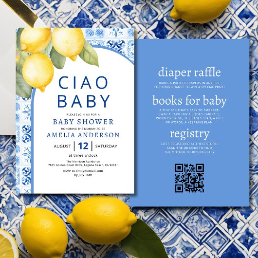 QR Code Italian Blue Tiles Lemon Baby Shower Einladung