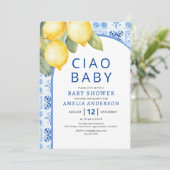 QR Code Italian Blue Tiles Lemon Baby Shower Einladung (Stehend Vorderseite)