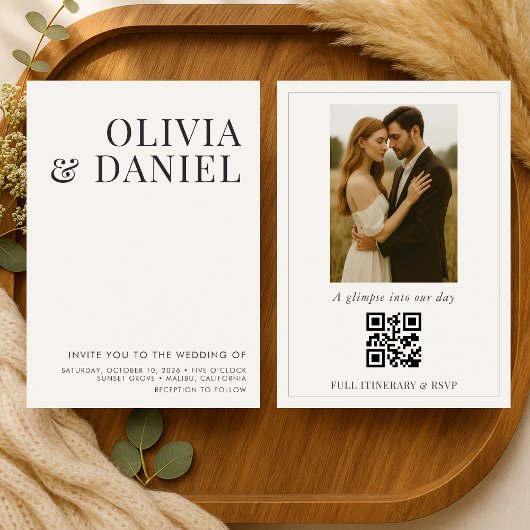 QR Code Ivory Beige Minimalist Photo Wedding Einladung