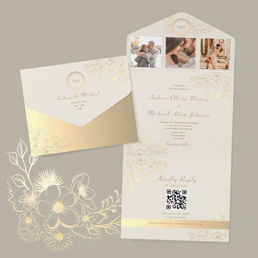 QR Code Ivory Gold Floral Wedding All In One Einladung