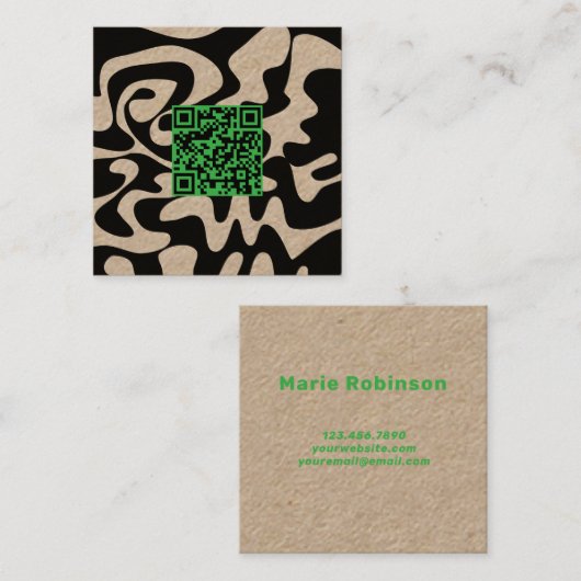QR Code Kelly Green Retro Groovy Squiggles Kraft Quadratische Visitenkarte (Vorne/Hinten)