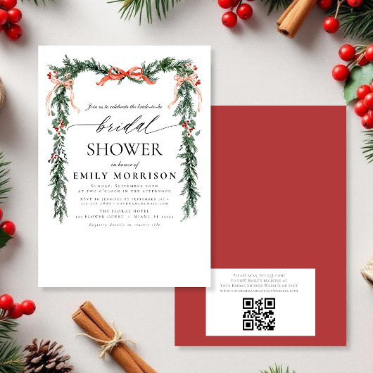 QR-Code-Kiefernschleife-Christmas-Brautjungfernpar Einladung
