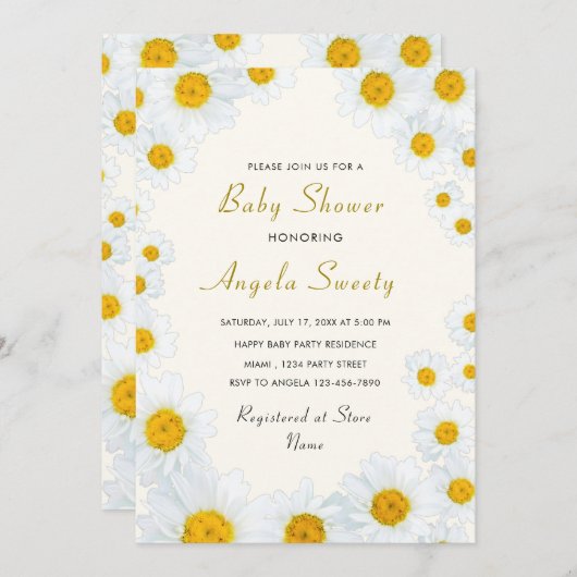 QR Code Kinderdusche Einladung mit Daisy-Blume (Vorne/Hinten)