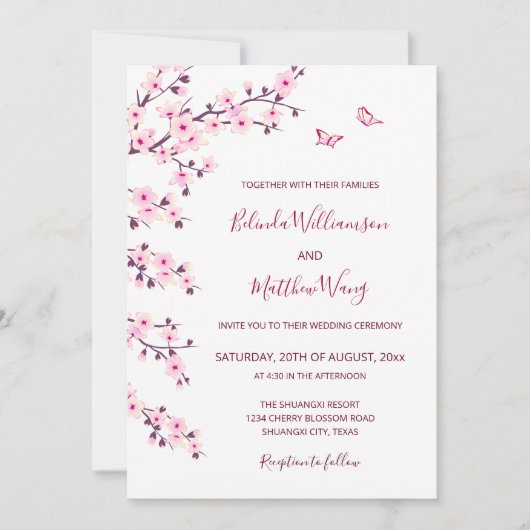 QR-Code | Kirschblüten Rosa Weiße Hochzeit Einladung (Vorderseite)