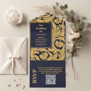 QR-Code Klassisch Blau Art Nouveau Hochzeit All In One Einladung