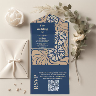 QR-Code Klassisch Blau Art Nouveau Hochzeit All In One Einladung