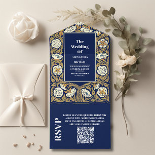 QR-Code Klassisch Blau Art Nouveau Hochzeit All In One Einladung