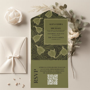 QR-Code Klassische Grüne Art Nouveau Hochzeit All In One Einladung