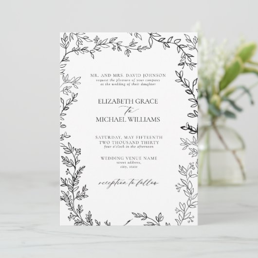 QR-Code Klassische Schwarz-weiße Blatthochzeit Einladung (Stehend Vorderseite)